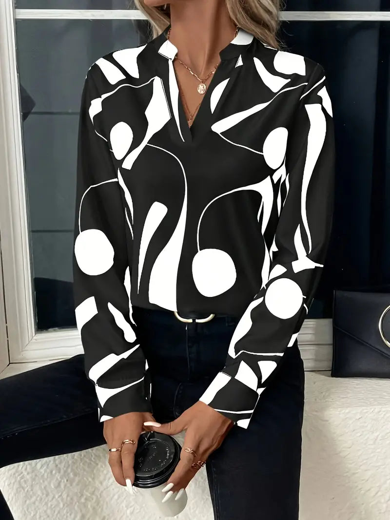 Women's Blouse - V-Neck - Long Sleeve - Relaxed Fit - Abstract Pattern