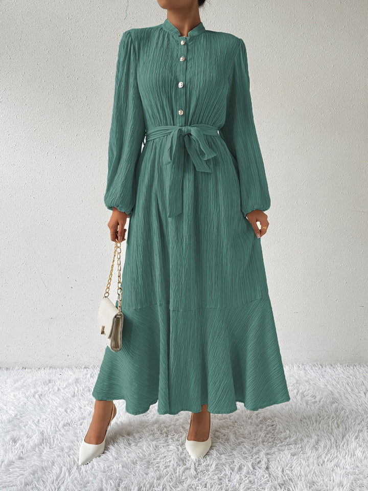 Women's Maxi Dress - Pleated Texture - Long Sleeve High Neck - Waist Tie Elegant Fit