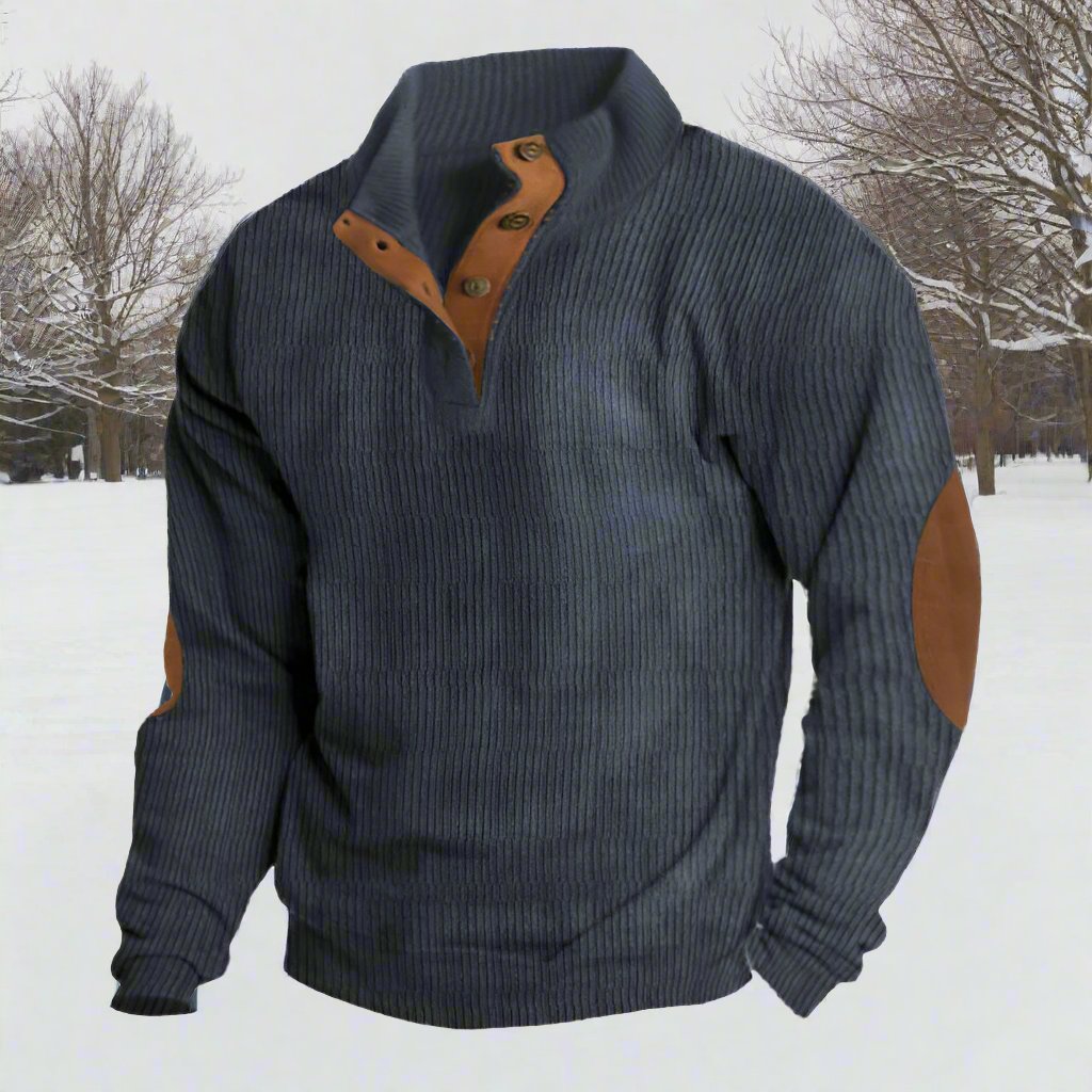 Men’s Knitted Sweater – Ribbed Texture – Relaxed Fit – High Button Collar – Elbow Patches