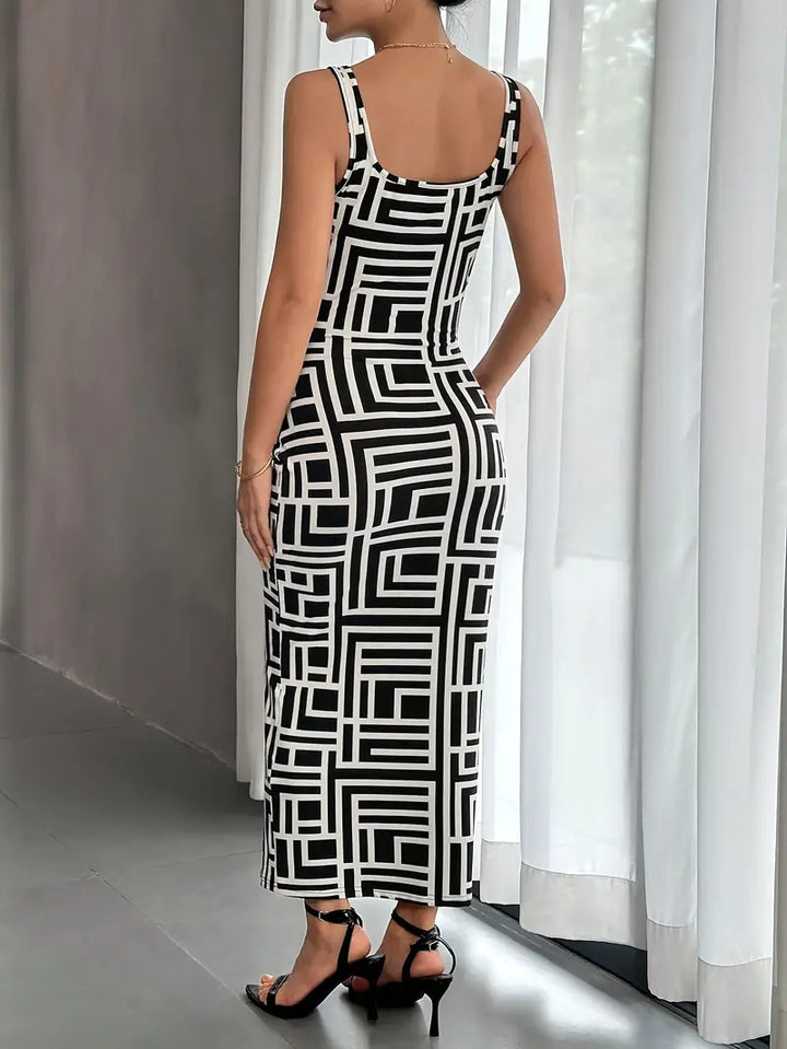 Women's Bodycon Dress - Geometric Pattern - Midi Length - Square Neck - Elegant Fit