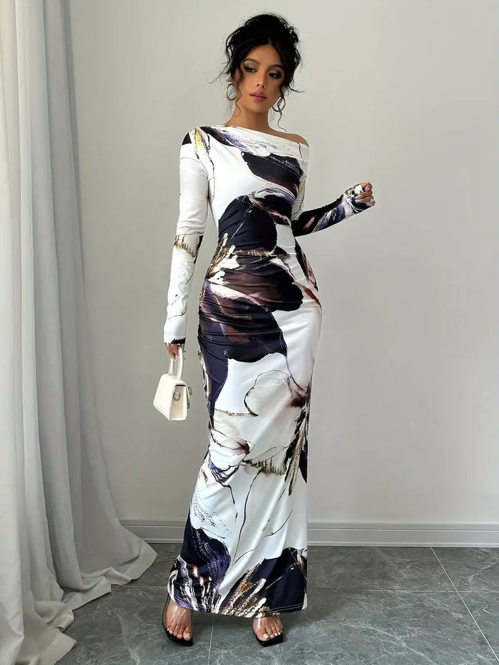 Women's Maxi Dress - Off-Shoulder - Long Sleeve - Abstract Pattern - Bodycon Fit