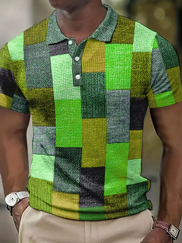 Men’s Polo Shirt - Patchwork Design - Short Sleeve - Classic Collar Casual Wear