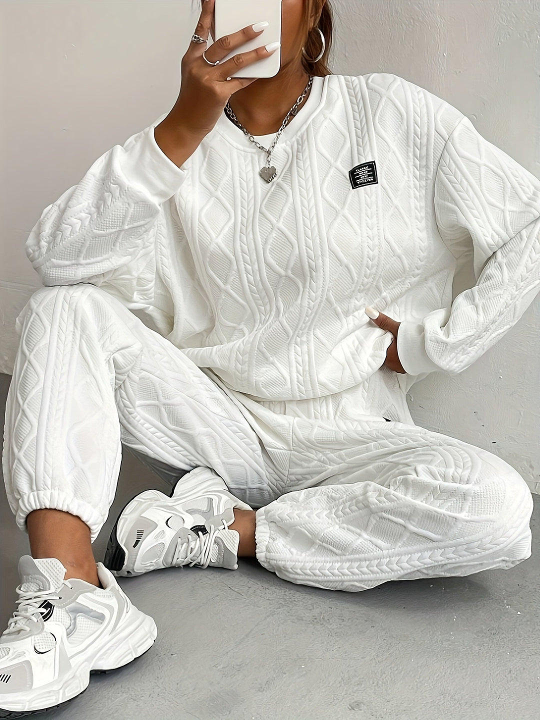 Women’s Lounge Set – Cable Knit – Relaxed Fit – Ribbed Neckline & Cuffs – Full Length