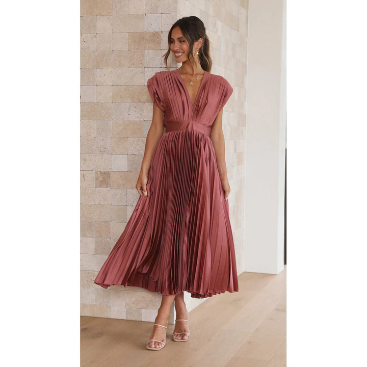 Women's Midi Dress - Deep V-Neck - Pleated Design - Cap Sleeves - Elegant Fit