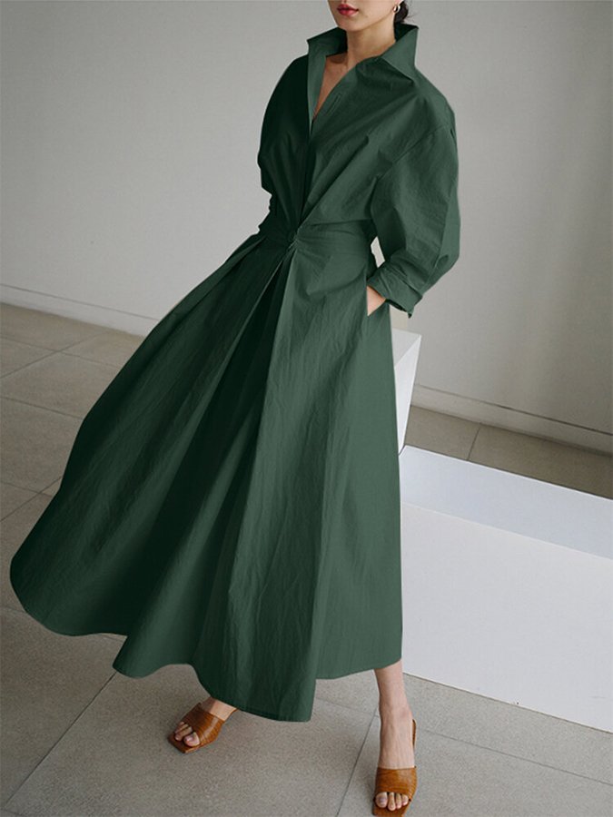 Women's Shirt Dress - Cotton Blend - Long Sleeve - Button Front - Cinched Waist Elegant Fit