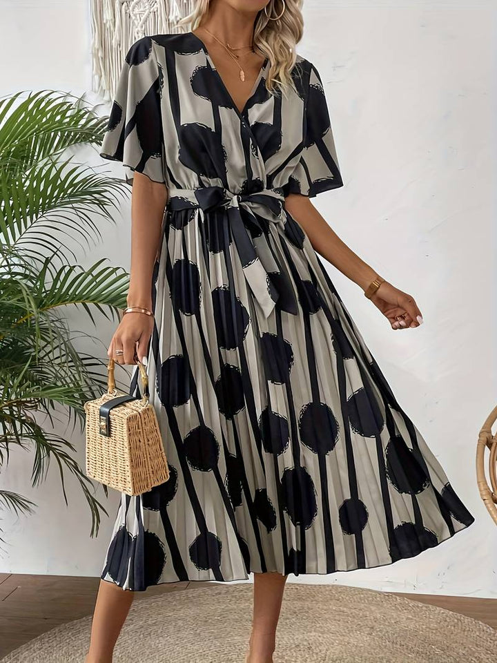 Women's Midi Dress - Polka Dot Print - V-Neck Wrap Style - Belted Waist - Pleated Skirt