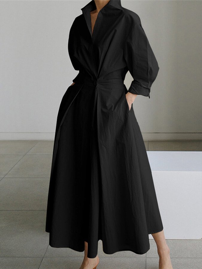 Women's Shirt Dress - Cotton Blend - Long Sleeve - Button Front - Cinched Waist Elegant Fit