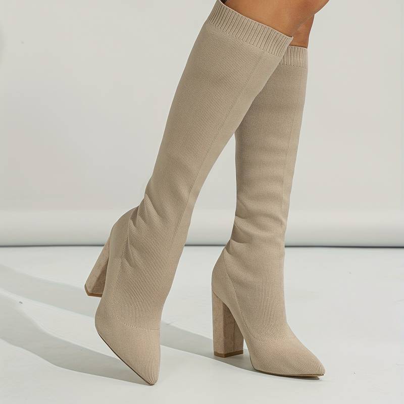 Women’s Knee-High Sock Boots – Slim Fit – Stretch Knit – Pointed Toe – Block Heel