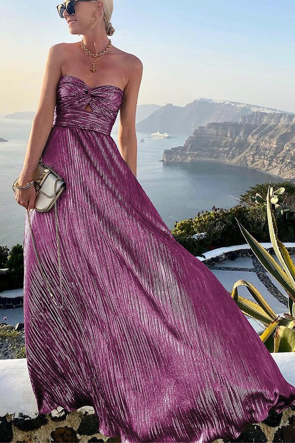 Women’s Evening Gown - Strapless A-Line - Pleated Metallic Finish - Full-Length Elegant Wear