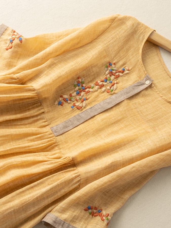 Women’s Midi Dress – Embroidered Cotton Linen – A-Line Fit – 3/4 Sleeve – Button Neckline