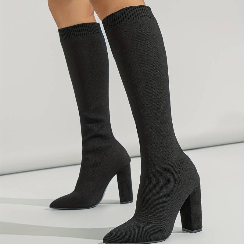 Women’s Knee-High Sock Boots – Slim Fit – Stretch Knit – Pointed Toe – Block Heel
