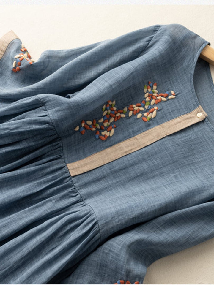 Women’s Midi Dress – Embroidered Cotton Linen – A-Line Fit – 3/4 Sleeve – Button Neckline