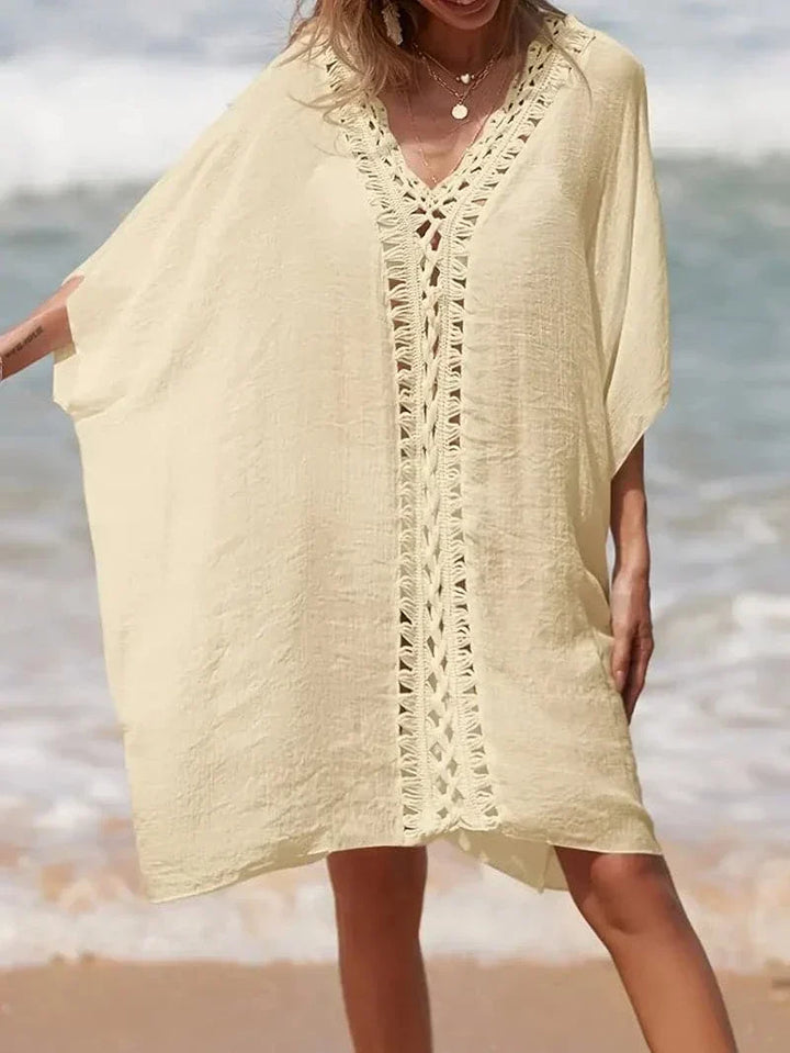 Women’s Kimono Cover-Up – Natural Fibers – Relaxed Fit – V-Neck – Lace Trim – Short Sleeve