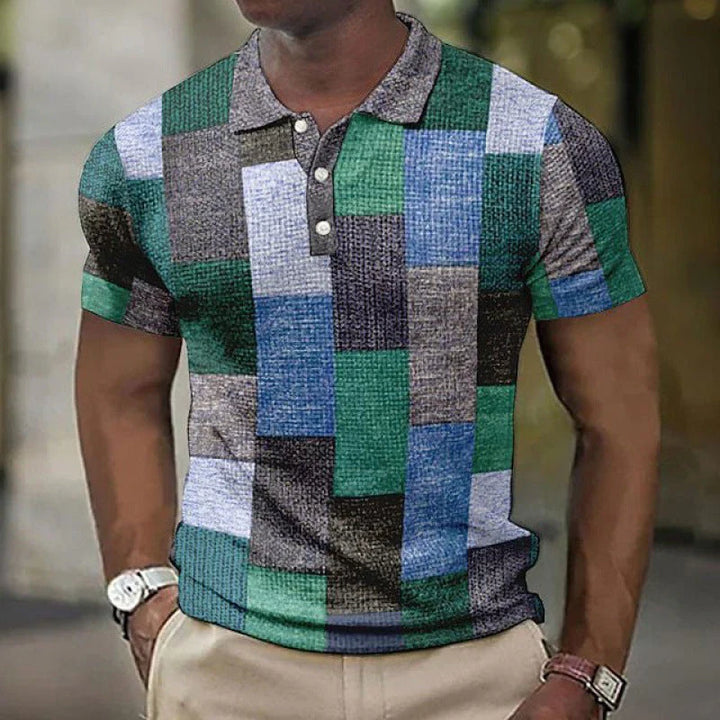 Men’s Polo Shirt - Patchwork Design - Short Sleeve - Classic Collar - Casual Fit