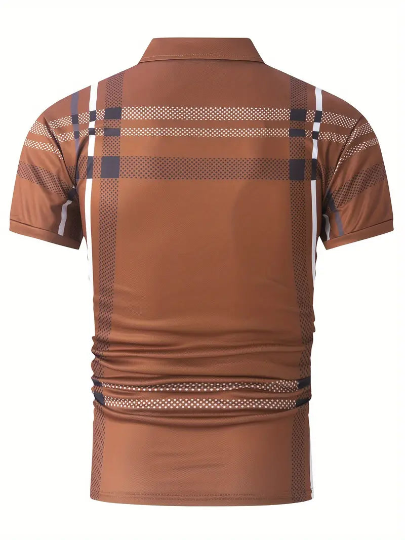 Men's Polo Shirt - Plaid Pattern - Slim Fit - Short Sleeve Button-Down Collar