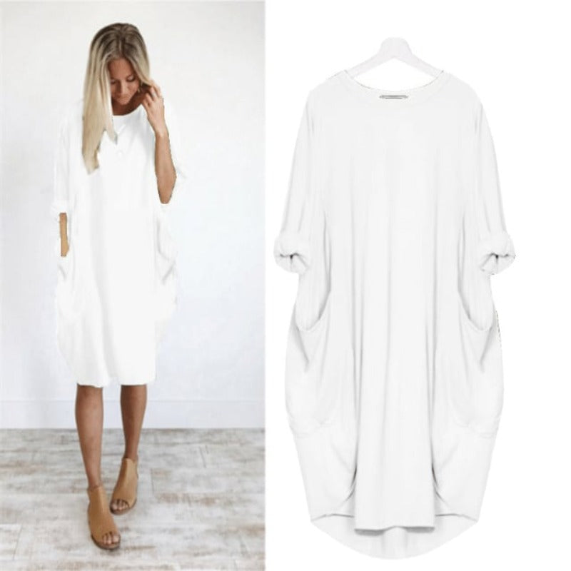 Women’s Midi Dress – Relaxed Fit – Round Neck – Breathable Blend – Side Pockets