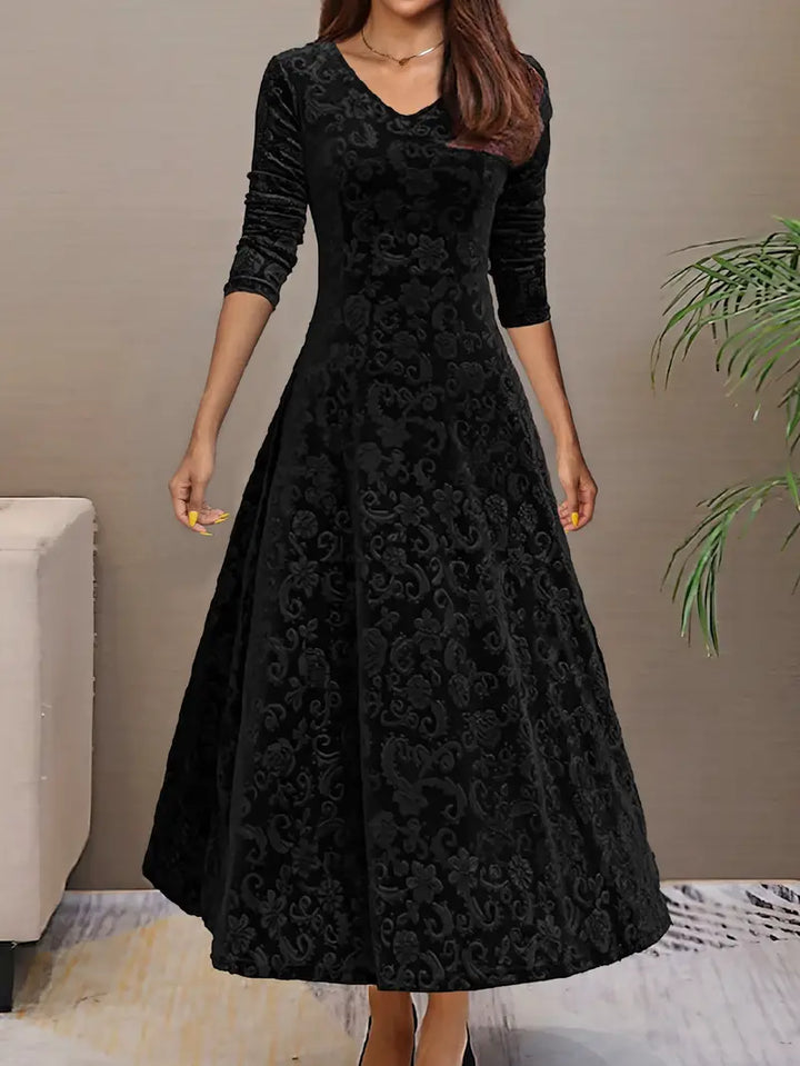 Women’s A-Line Dress – Velvet – Floral Texture – Long Sleeve – Floor Length Fit