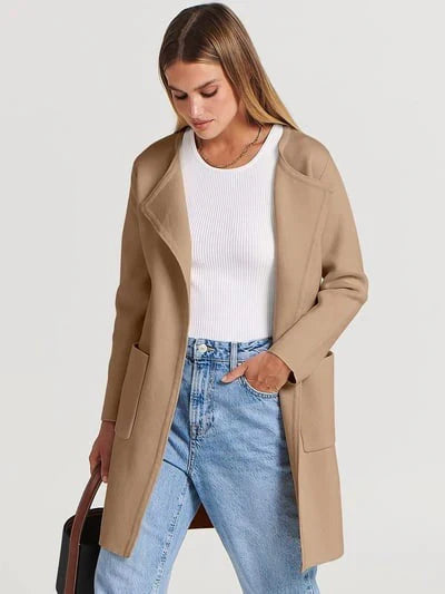 Women’s Knee-Length Coat - Wool Blend - Relaxed Fit - Wide Lapel Minimalist Design