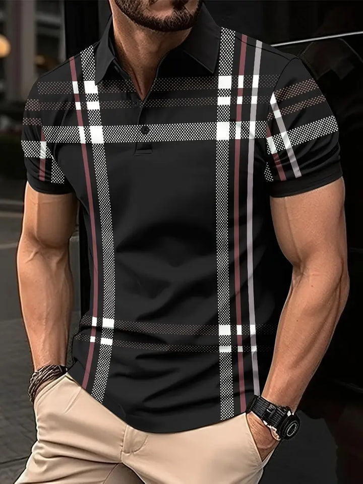 Men's Polo Shirt - Plaid Pattern - Slim Fit - Short Sleeve Button-Down Collar