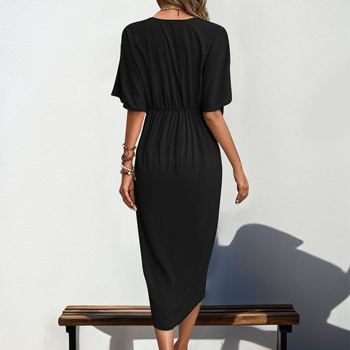 Women's Wrap Dress - Elegant V-Neck - Short Puffed Sleeves - Flattering Tulip Hem