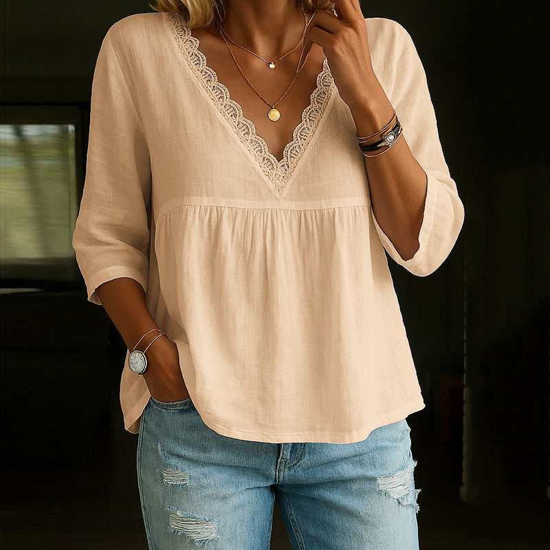 Women’s V-Neck T-Shirt – Natural Fibers – Relaxed Fit – Lace Trim – 3/4 Sleeve