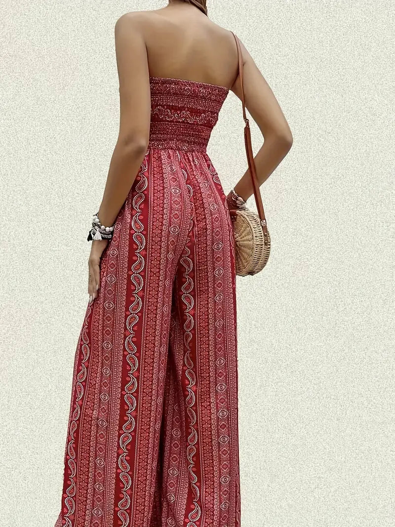 Women's Strapless Jumpsuit - Smocked Bodice - Wide-Leg Bohemian Print - Flowing Fit