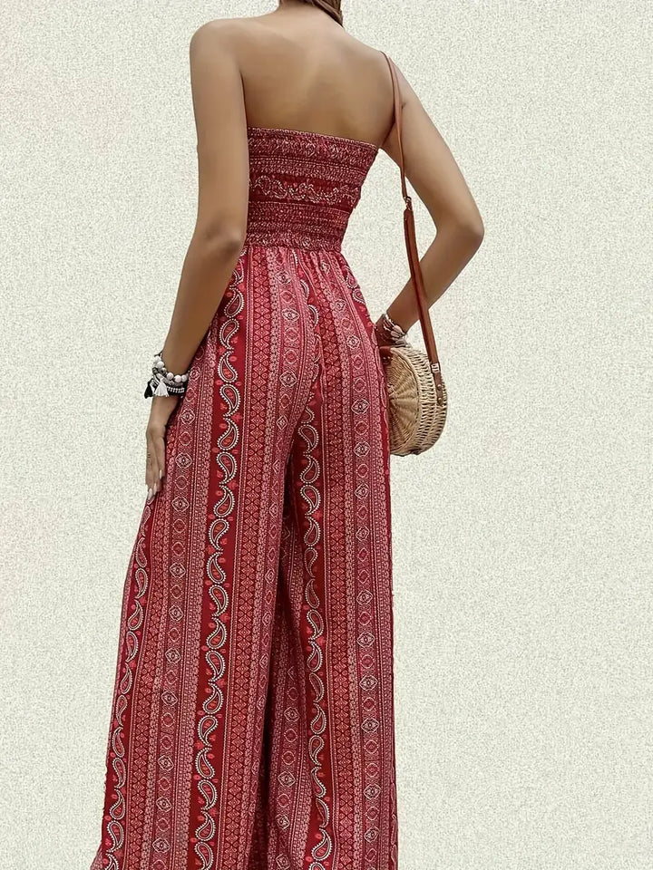 Women's Strapless Jumpsuit - Smocked Bodice - Wide-Leg Bohemian Print - Flowing Fit