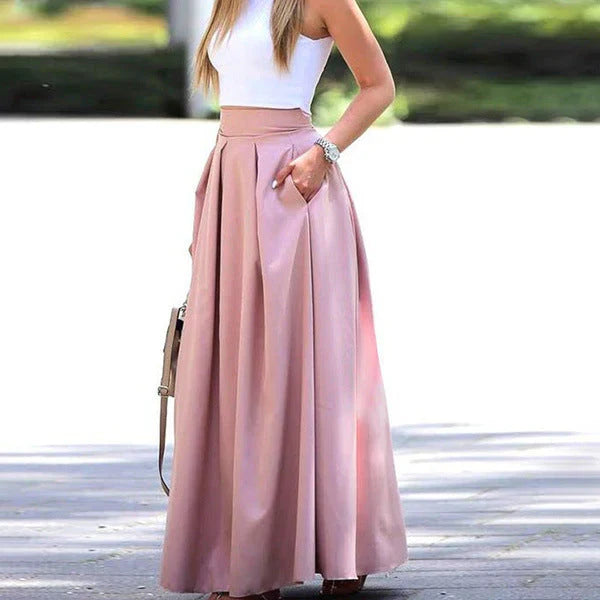 Women's Maxi Skirt - High Waist - Pleated Flowing Design - Elegant & Chic with Pockets