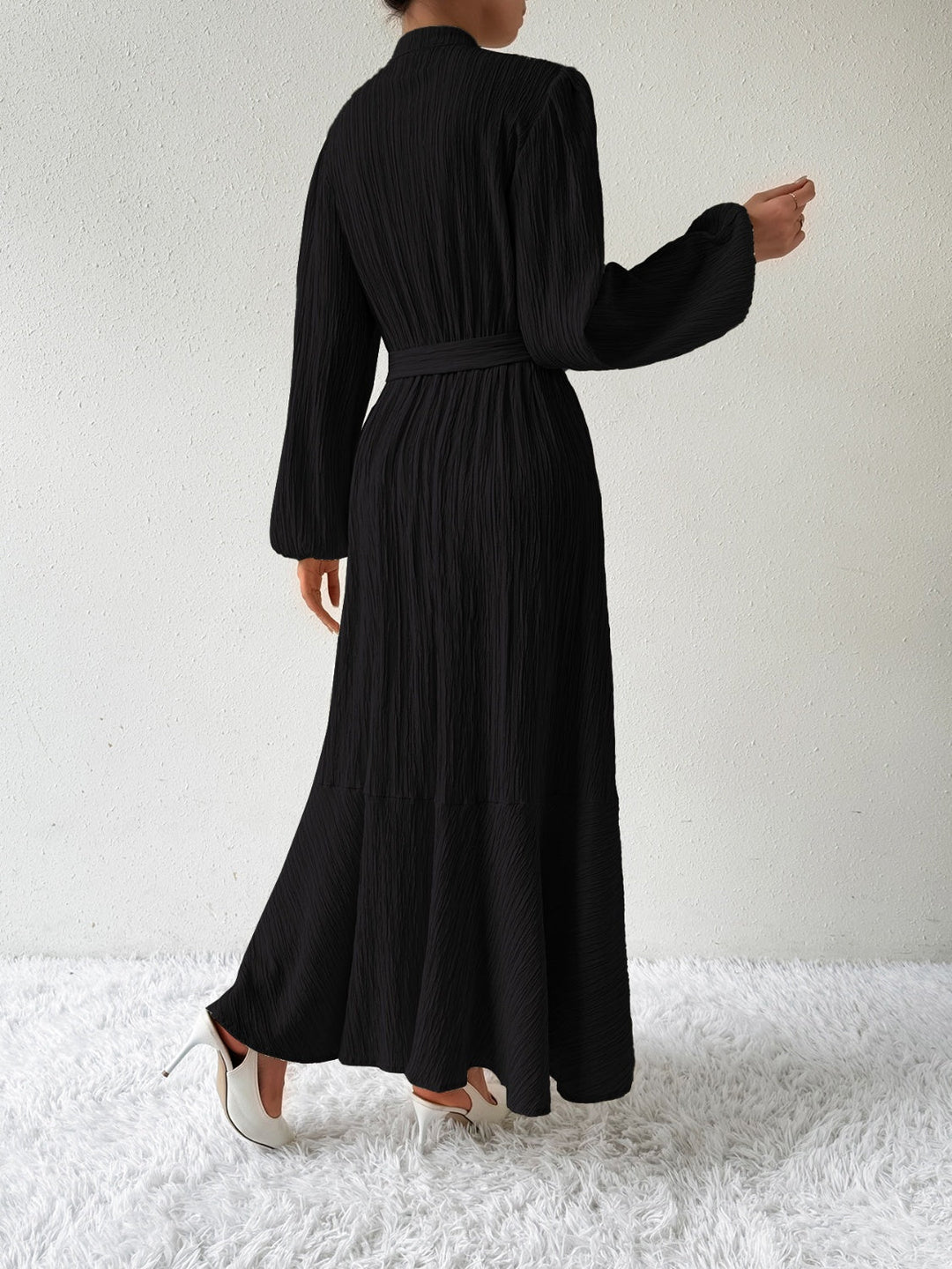 Women's Maxi Dress - Pleated Texture - Long Sleeve High Neck - Waist Tie Elegant Fit