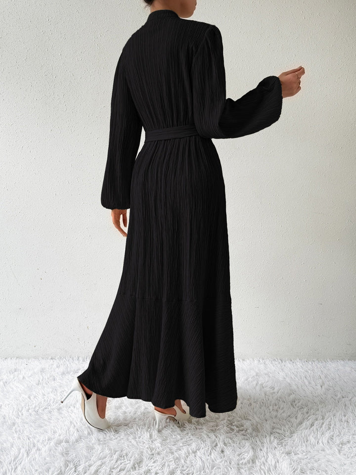 Women's Maxi Dress - Pleated Texture - Long Sleeve High Neck - Waist Tie Elegant Fit