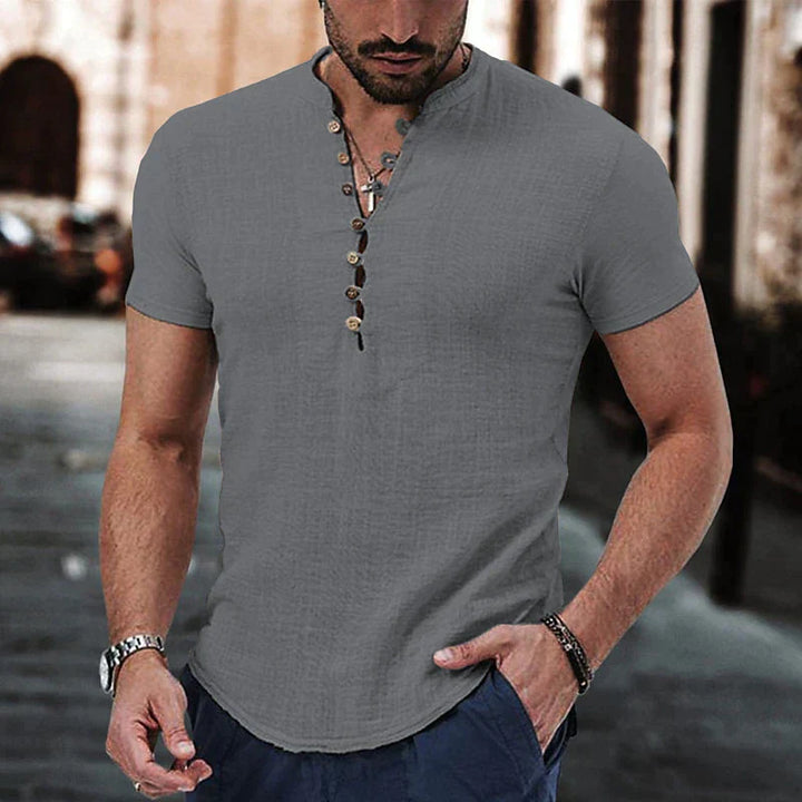 Men’s Henley Shirt - Lightweight Breathable Fabric - Short Sleeve Casual Wear