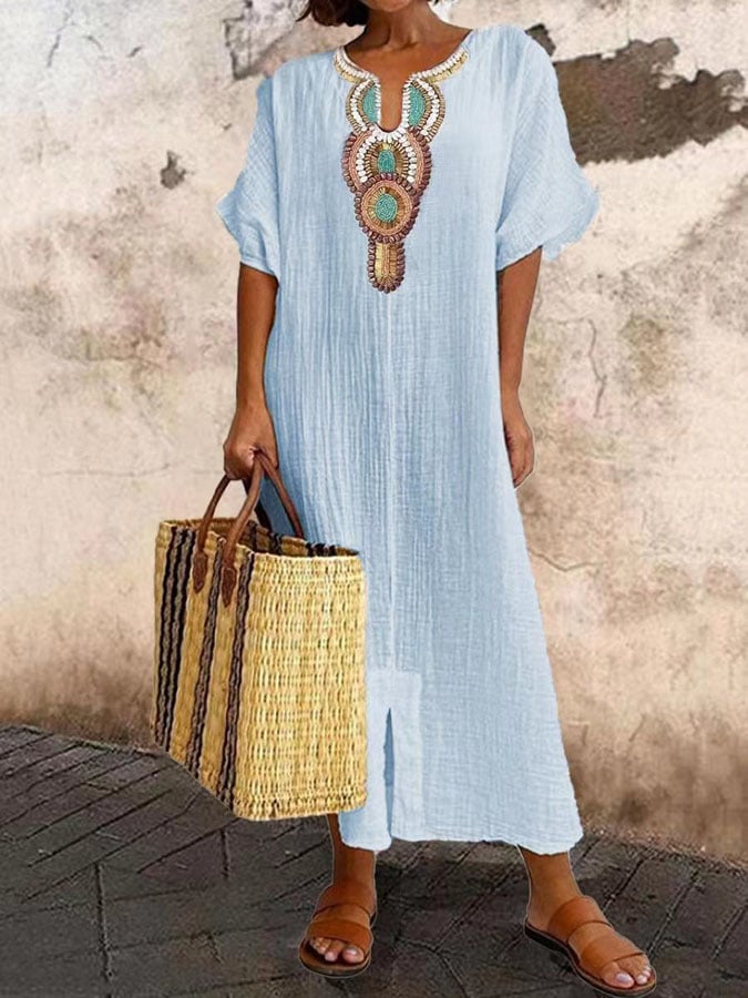 Women’s Kaftan Dress – Relaxed Fit – Embroidered Neckline – Breathable Blend Fabric