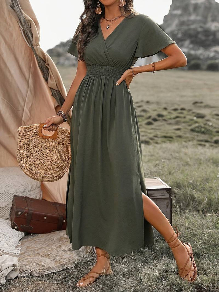 Women’s Midi Dress – V-Neck Wrap – Relaxed A-Line Fit – Short Sleeve – Breathable Blend