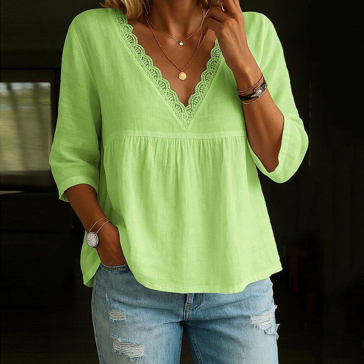 Women’s V-Neck T-Shirt – Natural Fibers – Relaxed Fit – Lace Trim – 3/4 Sleeve