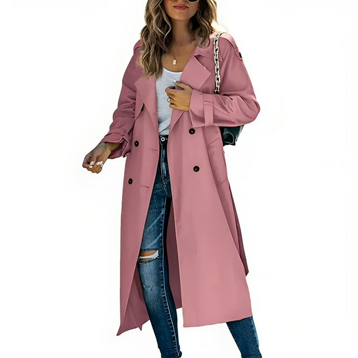 Women's Trench Coat - Tailored Fit - Long Length - Double-Breasted - Wide Lapel Collar