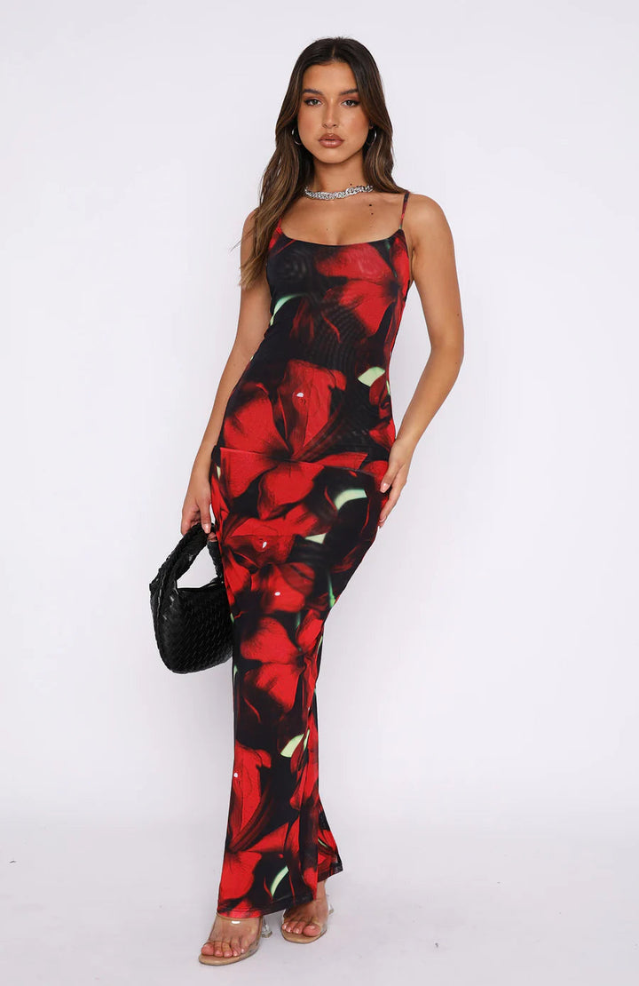 Women’s Maxi Dress – Slim Fit – Spaghetti Straps – Floral Print – Stretch Fabric