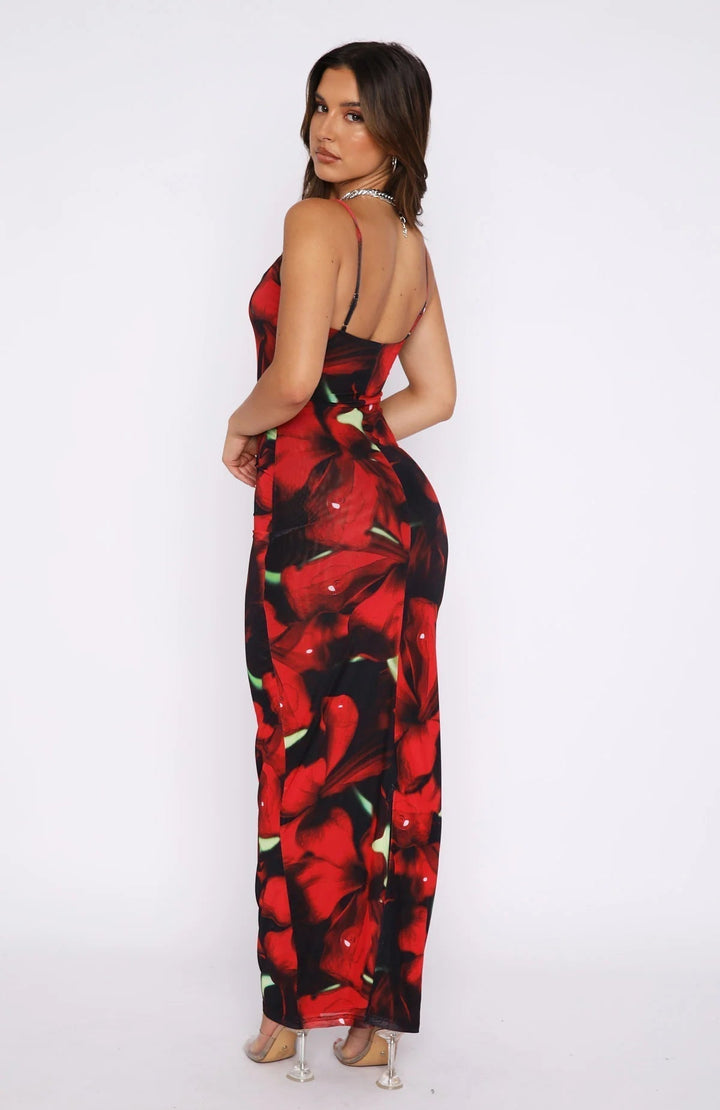 Women’s Maxi Dress – Slim Fit – Spaghetti Straps – Floral Print – Stretch Fabric