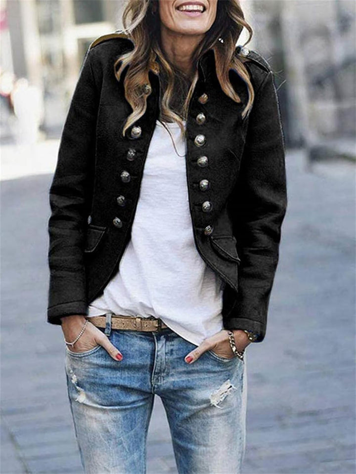 Women’s Military Jacket – Structured Fit – Button Front – Hip Length – Tailored Silhouette
