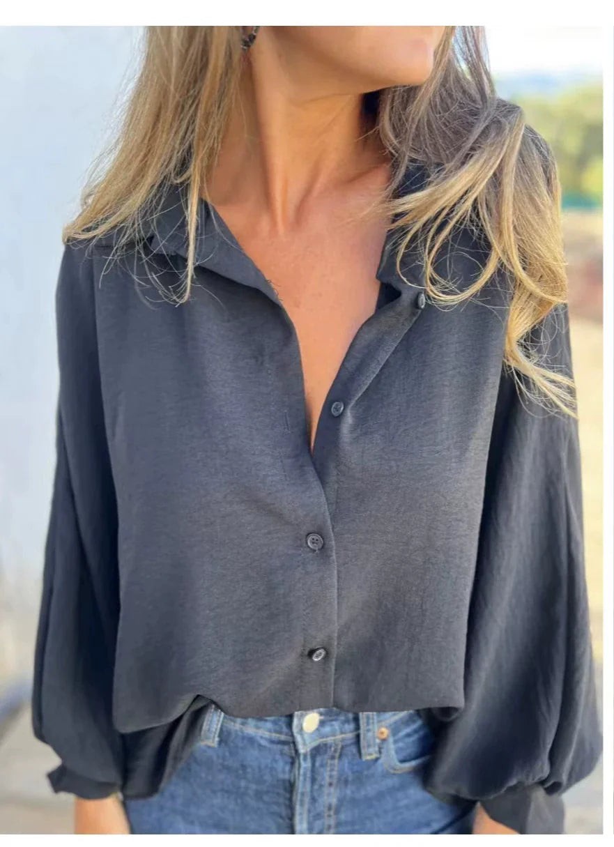 Women’s Blouse – Lightweight Fabric – Long Sleeve – Relaxed Fit – Button-Up Shirt