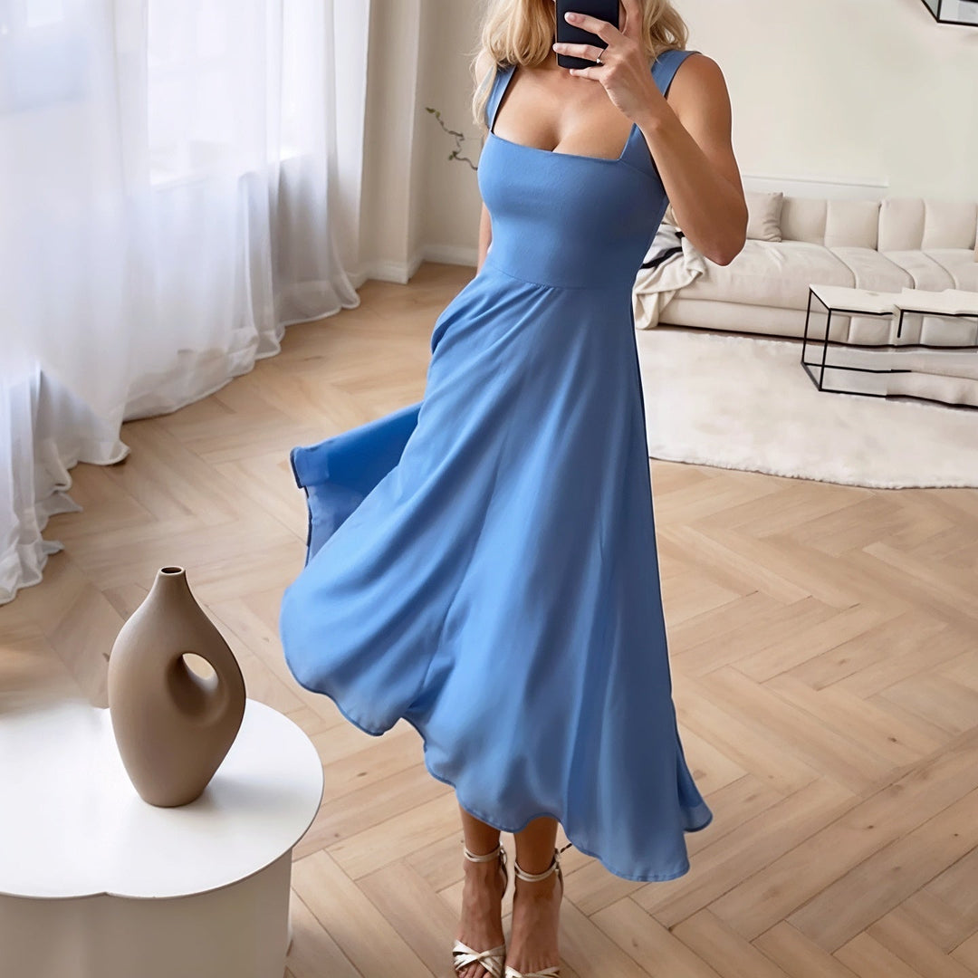 Women’s Midi Dress - Slim Fit Bodice - Flared Silhouette - Square Neck