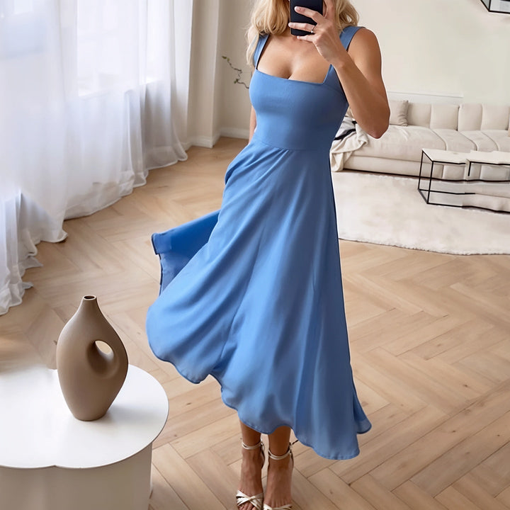 Women’s Midi Dress - Slim Fit Bodice - Flared Silhouette - Square Neck