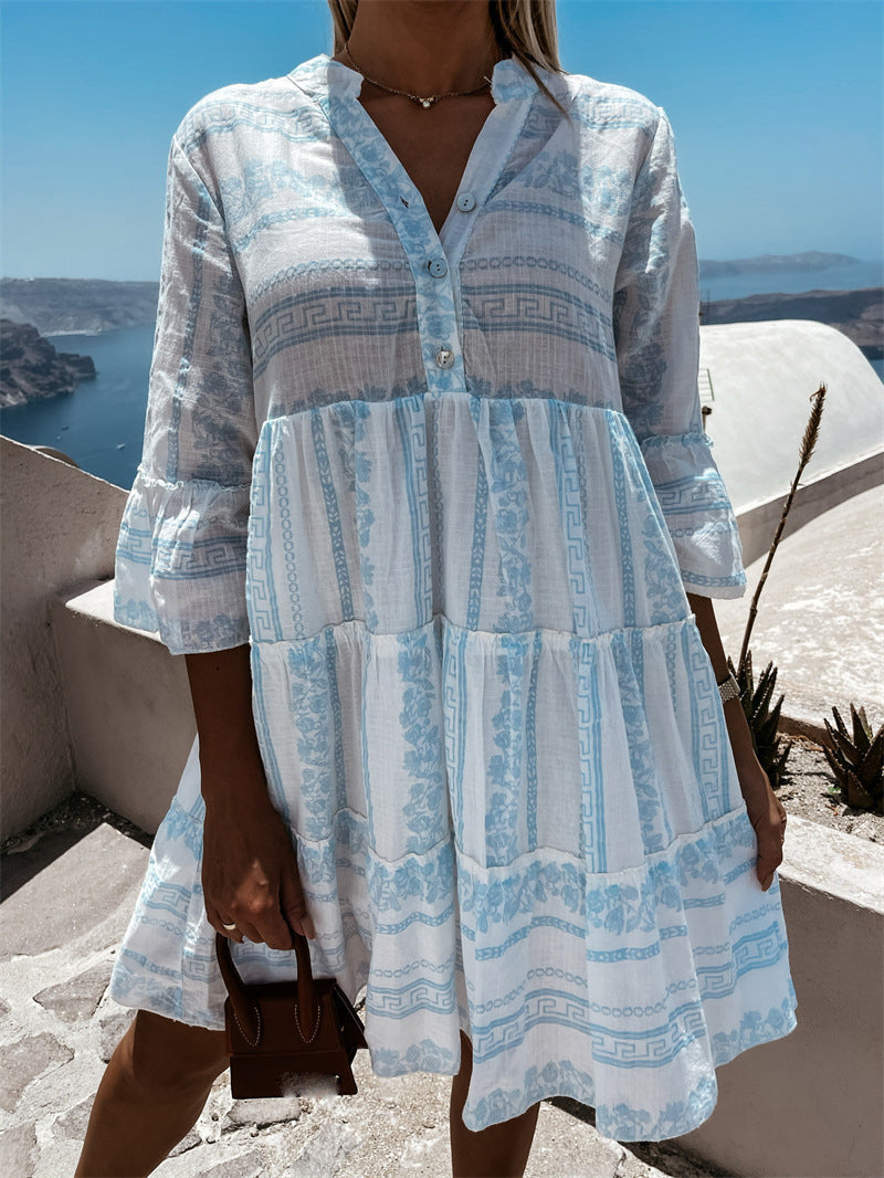 Women’s Boho Dress – Flowy A-Line Fit – Tiered Ruffle – Natural Fibers – 3/4 Sleeve