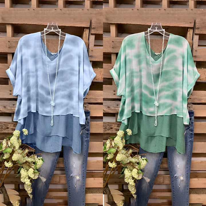 Women’s Blouse - Layered Design - V-Neck - Loose Fit - Short Sleeve - Breathable Blend