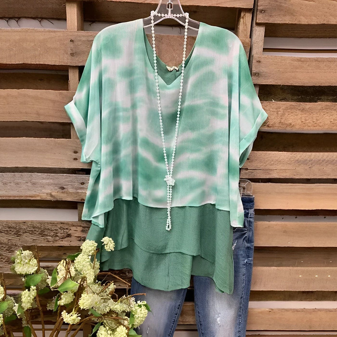 Women’s Blouse - Layered Design - V-Neck - Loose Fit - Short Sleeve - Breathable Blend
