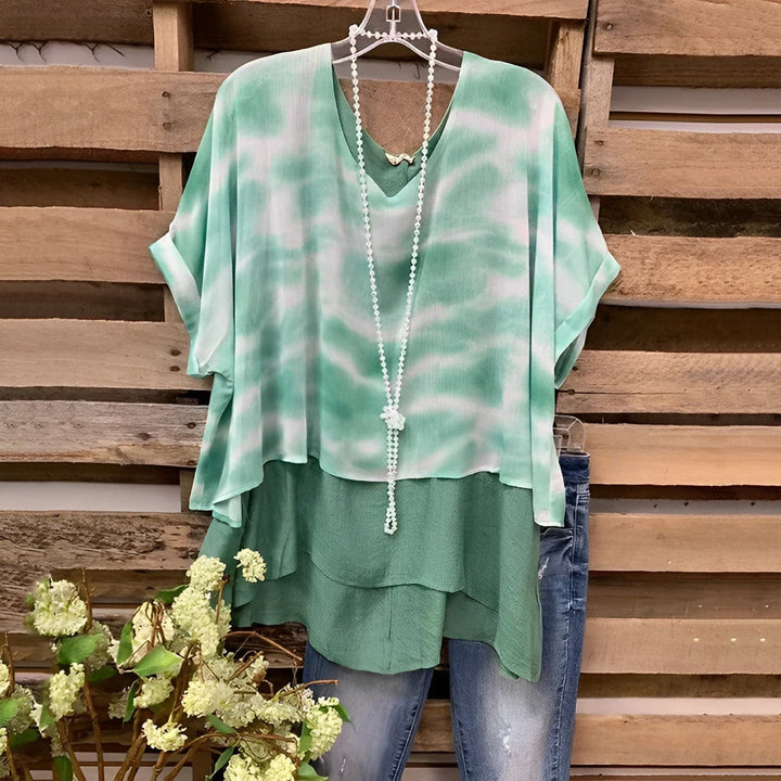 Women’s Blouse - Layered Design - V-Neck - Loose Fit - Short Sleeve - Breathable Blend