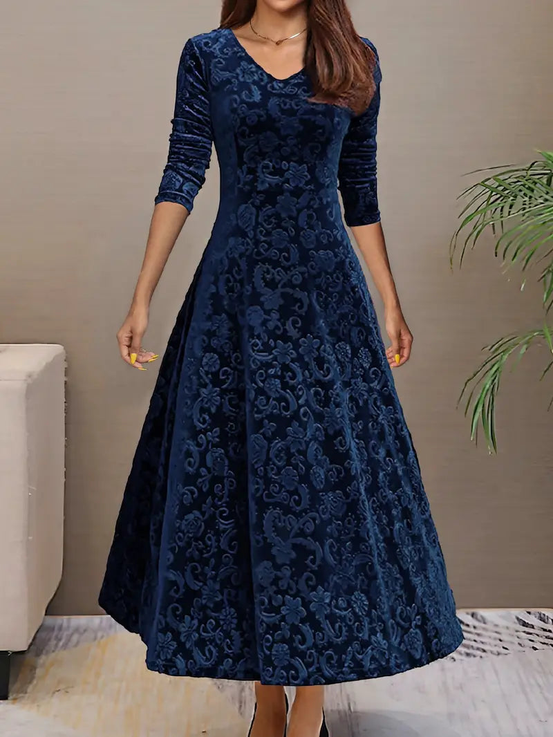 Women’s A-Line Dress – Velvet – Floral Texture – Long Sleeve – Floor Length Fit