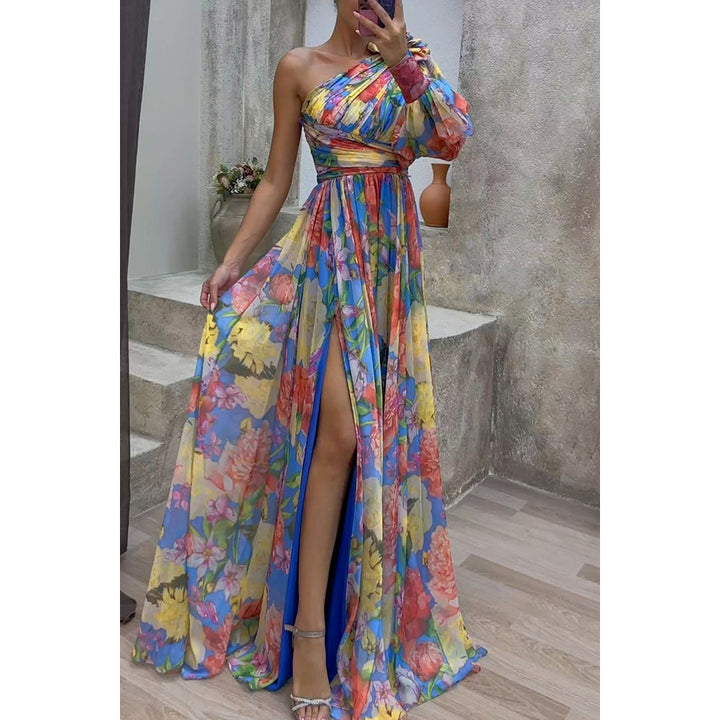 Women's One-Shoulder Gown - Floral Print - Ruffled Sleeve - Thigh-High Slit - Elegant Fit