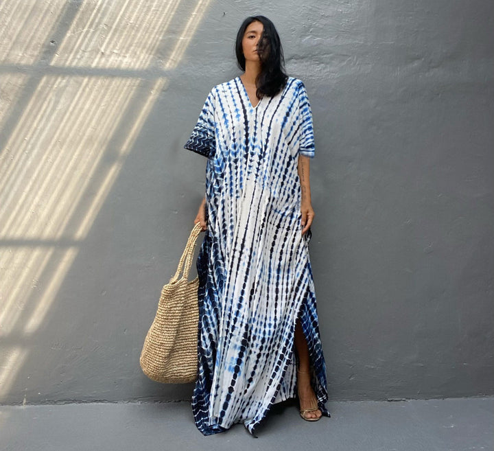 Women's Kaftan Dress - Full-Length Loose Fit - V-Neck Tie-Dye Bohemian Style