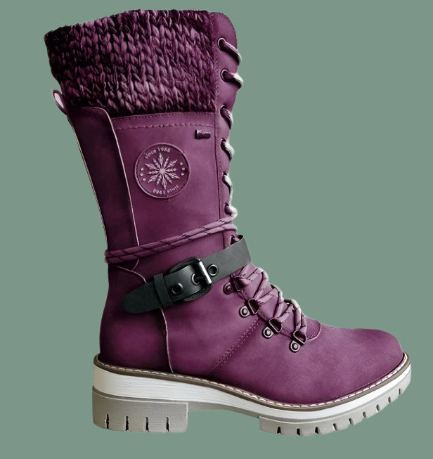 Women’s Mid-Calf Boots – Structured Fit – Knit Trim – Lace-Up Zip – Non-Slip Sole