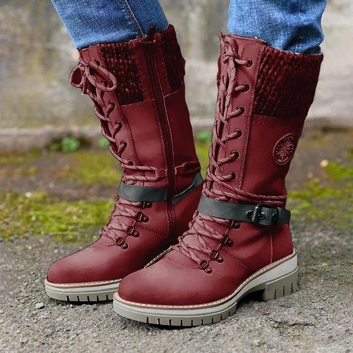 Women’s Mid-Calf Boots – Structured Fit – Knit Trim – Lace-Up Zip – Non-Slip Sole